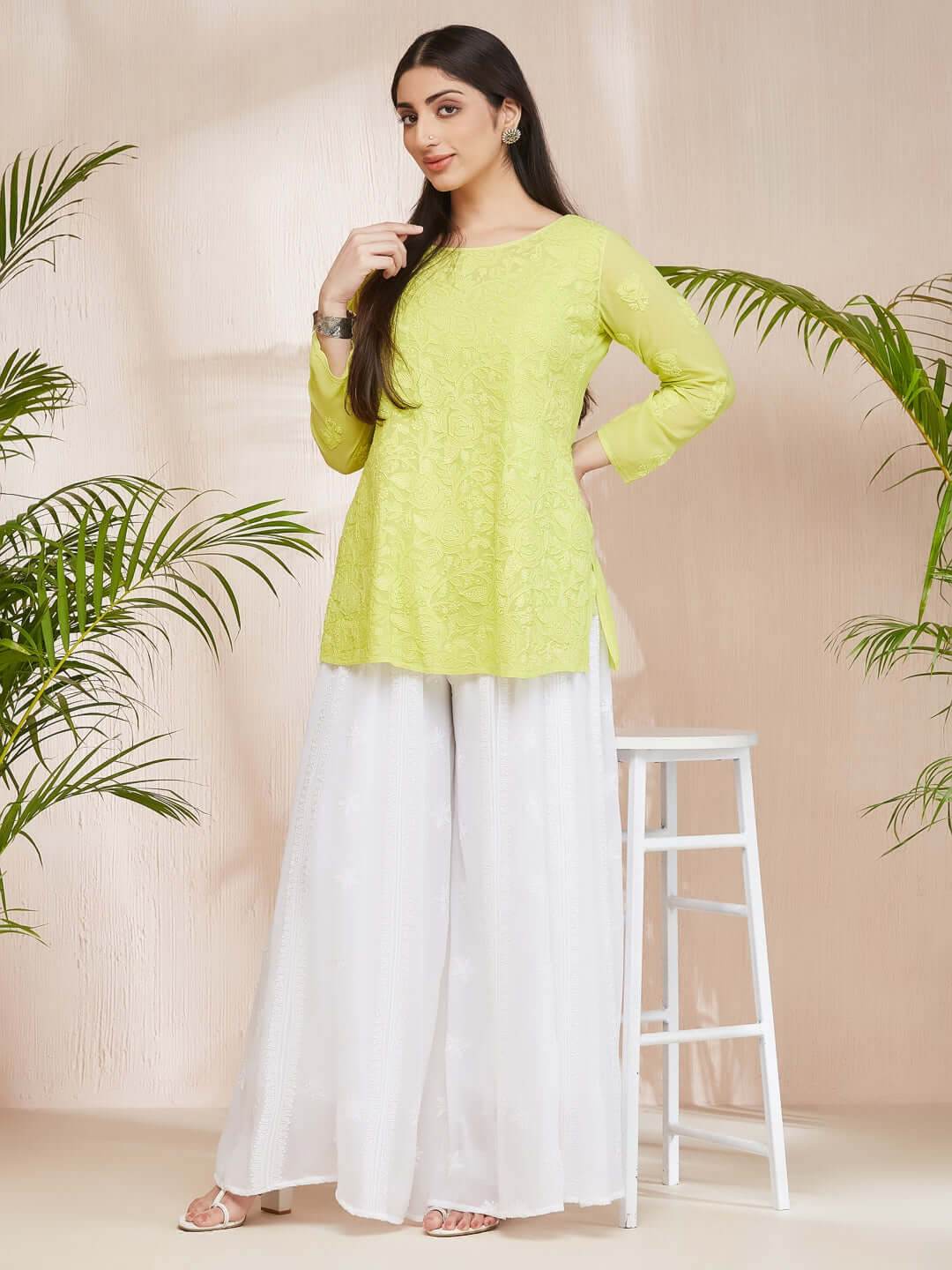 GULABNOOR Chikankari Georgette Neon Green Top - KRI CHIKANKARI
